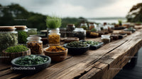 Assortment of Fresh Herbs and Spices on Rustic Wooden Table