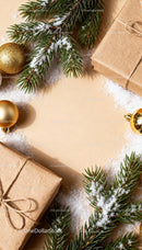 Festive wrapped gifts with pine and gold ornaments