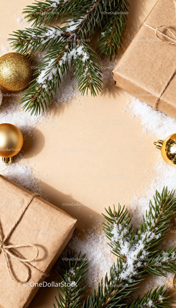 Festive wrapped gifts with pine and gold ornaments