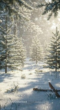 Winter forest with snow-covered pine trees in soft sunlight
