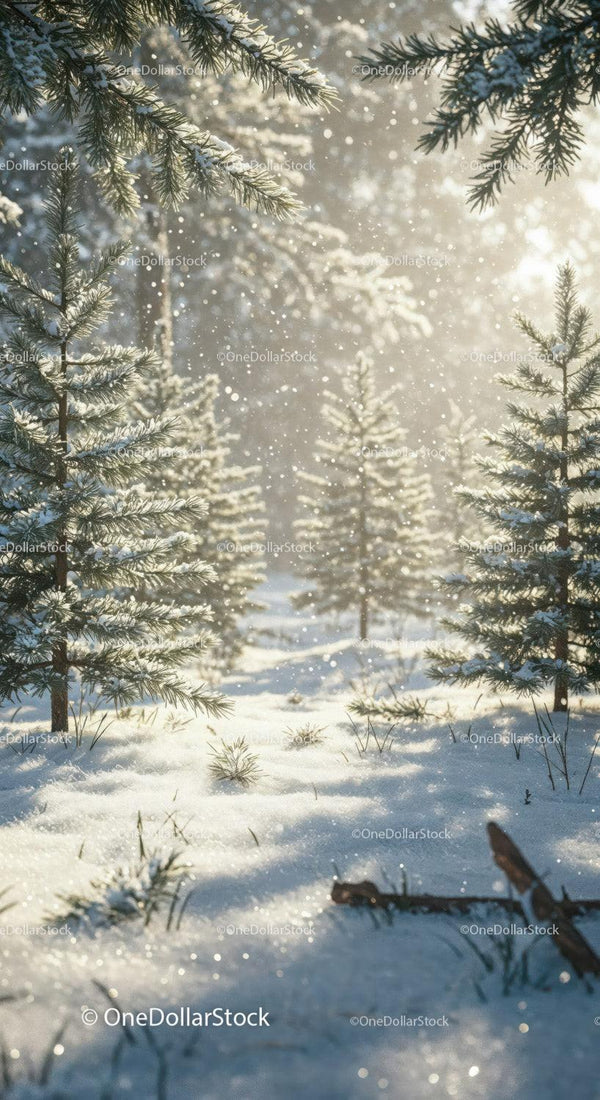Winter forest with snow-covered pine trees in soft sunlight