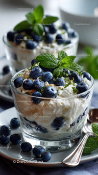 Blueberry and Mint Cream Dessert in Glass Cup