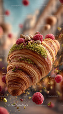 Decorative Almond Croissant with Raspberries Pistachios and Crumbs