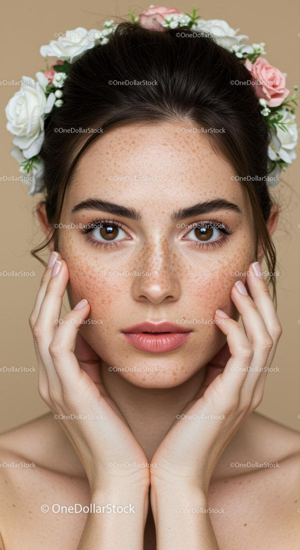 Close-up Portrait of a Young Woman with Freckles and Floral Crown
