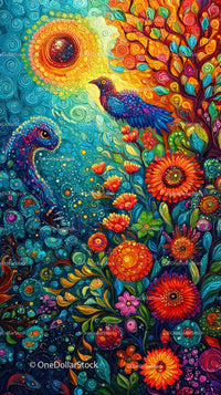 Vibrant Abstract Nature Scene with Fantasy Birds and Flowers