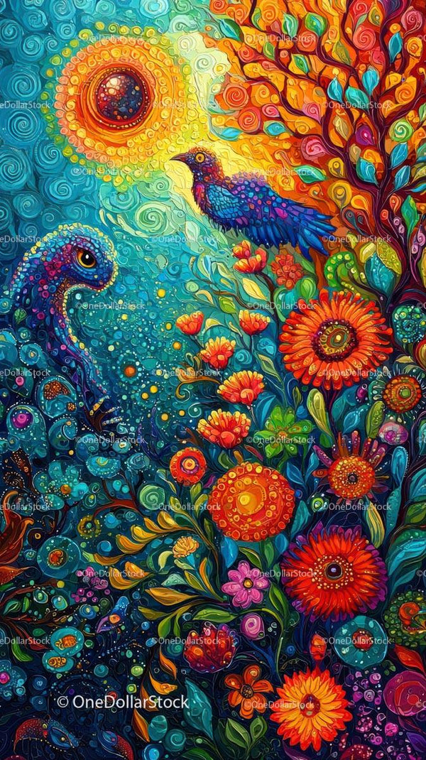 Vibrant Abstract Nature Scene with Fantasy Birds and Flowers