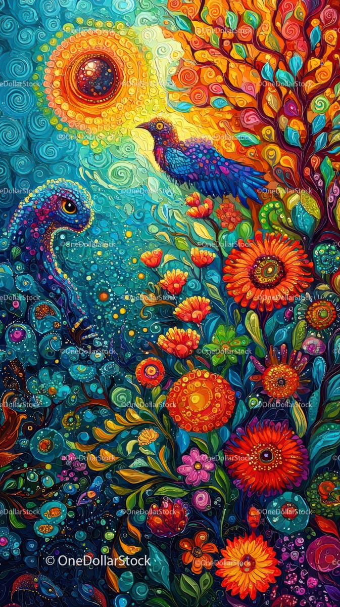 Vibrant Abstract Nature Scene with Fantasy Birds and Flowers