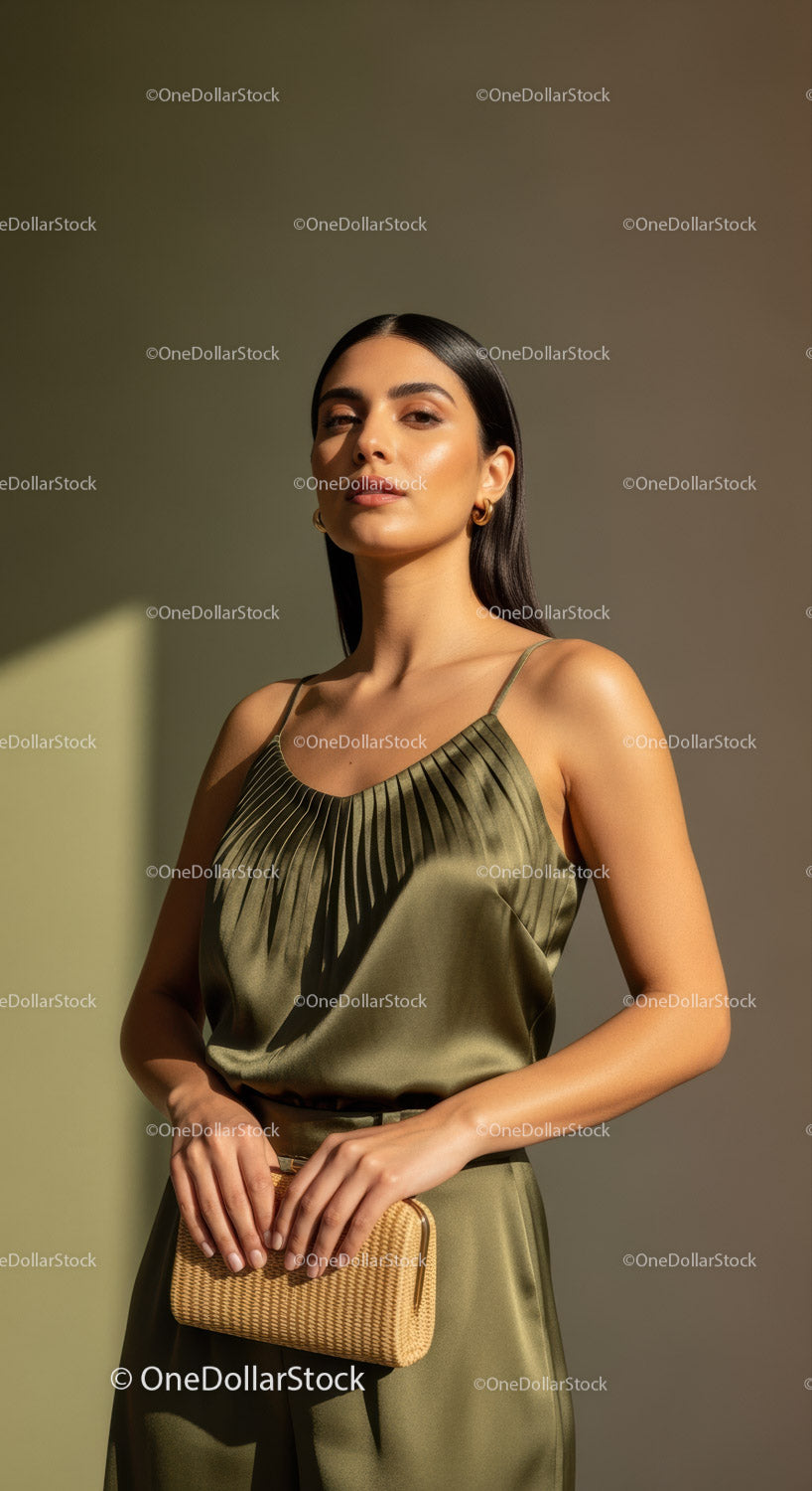 Elegancka kobieta w satynowej sukience ze stylowymi dodatkami