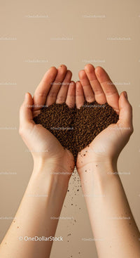 Closeup of hands holding pouring coffee granules