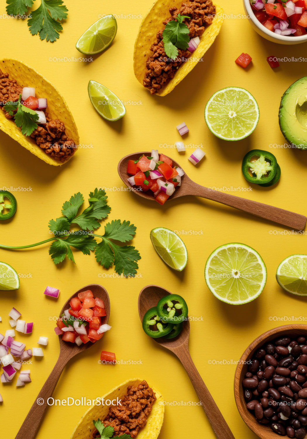 Mini tacos with fresh salsa and lime wedges on yellow