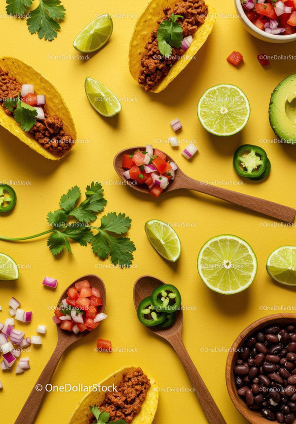 Mini tacos with fresh salsa and lime wedges on yellow
