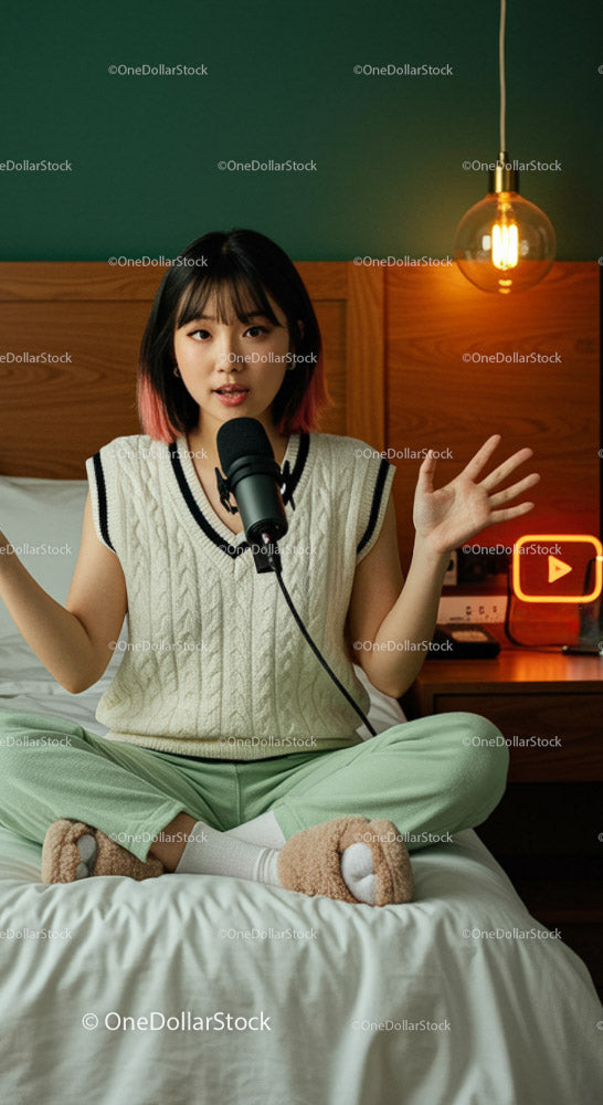 Young Woman Podcasting in a Cozy Modern Bedroom Setting