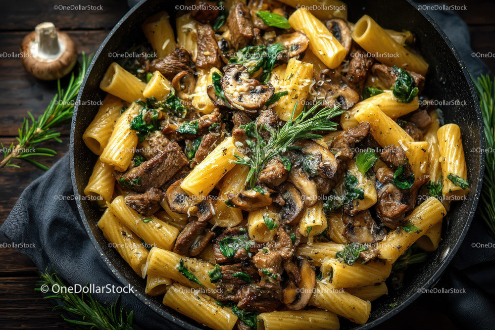 Hearty Rigatoni Pasta with Mushrooms and Beef in a Pan