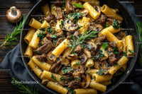 Hearty Rigatoni Pasta with Mushrooms and Beef in a Pan