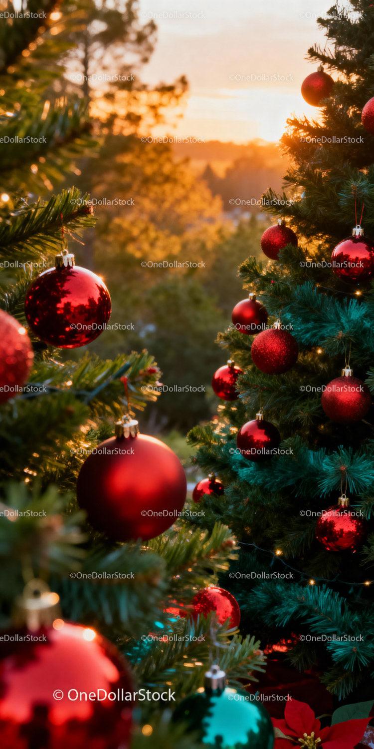 Christmas Tree Ornaments Glowing at Sunset