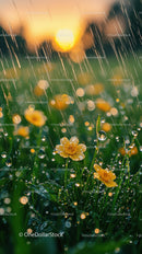 Yellow Flowers Dewed in Rain with Sunlight in a Vibrant Garden Scene
