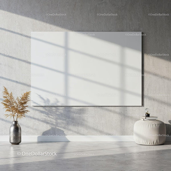 Minimalist interior with blank canvas and dried plants JPG Mockup Image