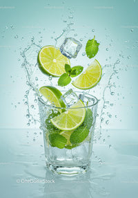 Refreshing lime and mint splash with ice cubes
