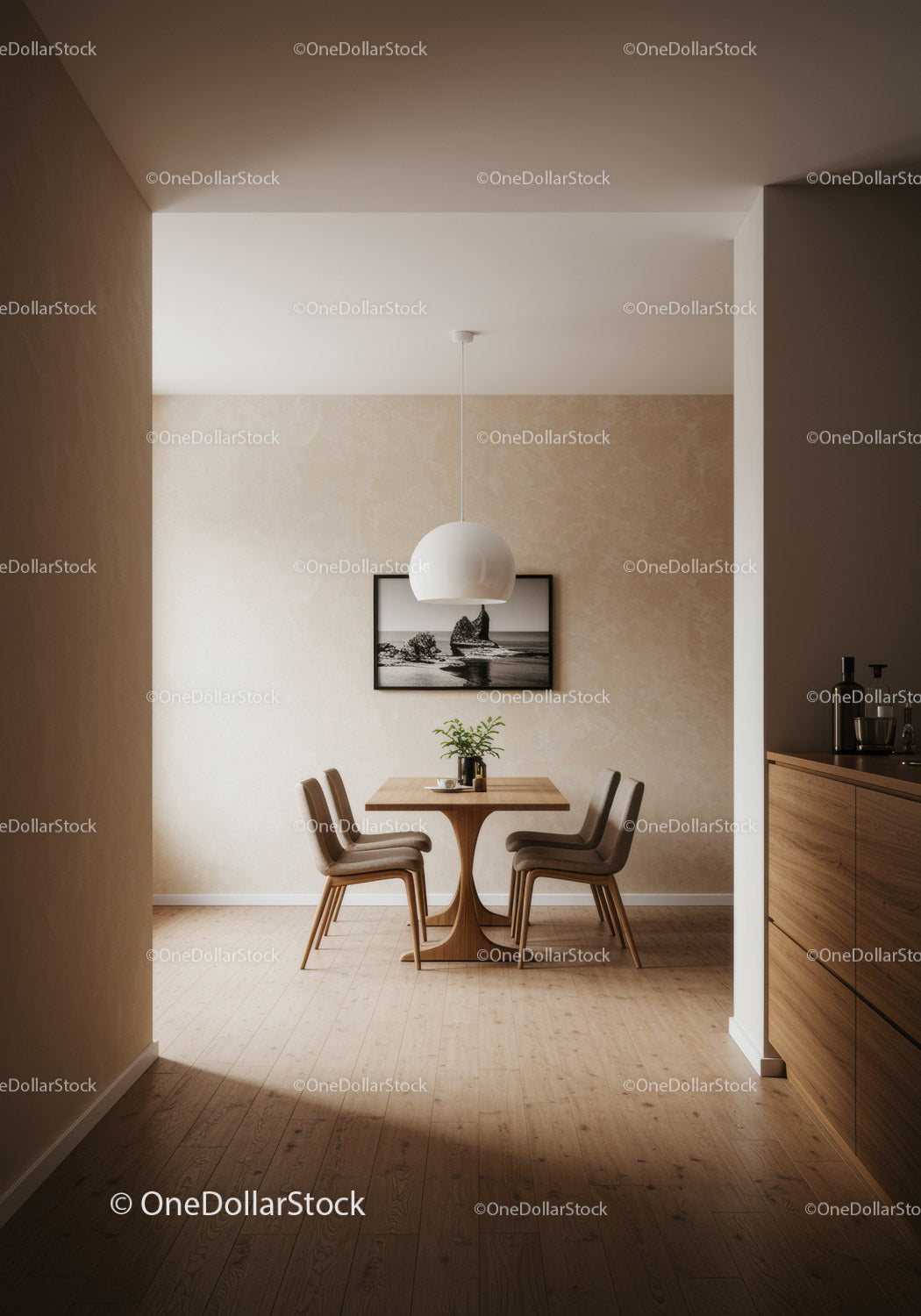 Nowoczesna minimalistyczna jadalnia z drewnianymi meblami i przytulną atmosferą