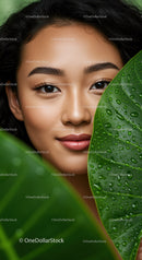 Close-Up of Asian Woman with Beautiful Skin Amid Green Tropical Foliage