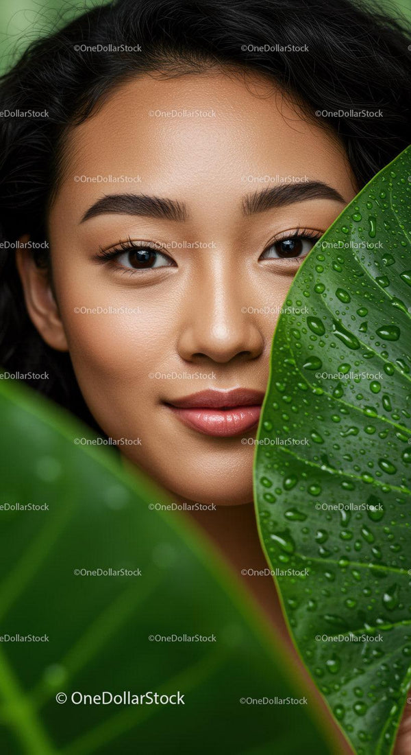 Close-Up of Asian Woman with Beautiful Skin Amid Green Tropical Foliage