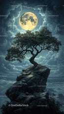 Moonlit Fantasy Landscape with Twisted Tree and Floating Rock