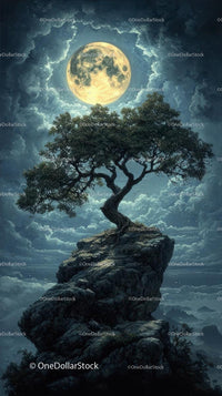 Moonlit Fantasy Landscape with Twisted Tree and Floating Rock
