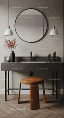Stylish Modern Bathroom with Black Marble Sink and Round Mirror