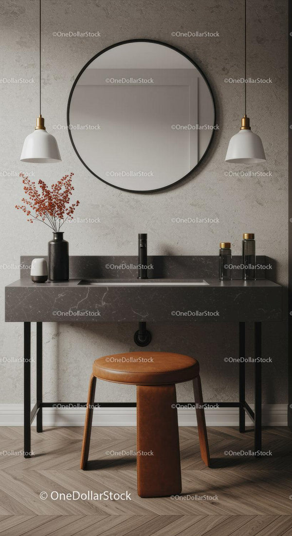 Stylish Modern Bathroom with Black Marble Sink and Round Mirror