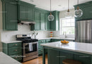 Modern Green Kitchen with White Subway Tile and Marble Island