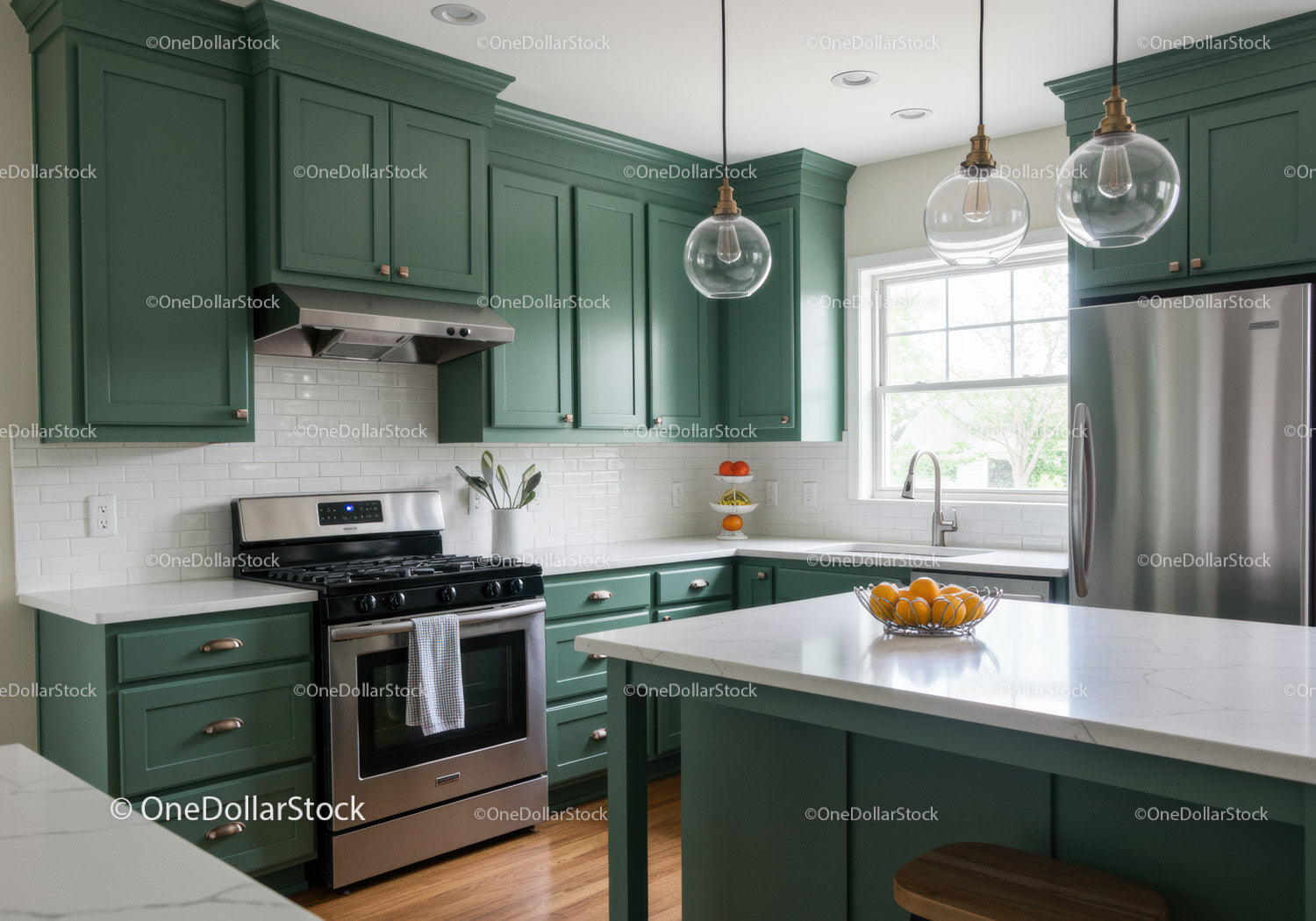 Modern Green Kitchen with White Subway Tile and Marble Island