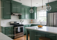 Modern Green Kitchen with White Subway Tile and Marble Island