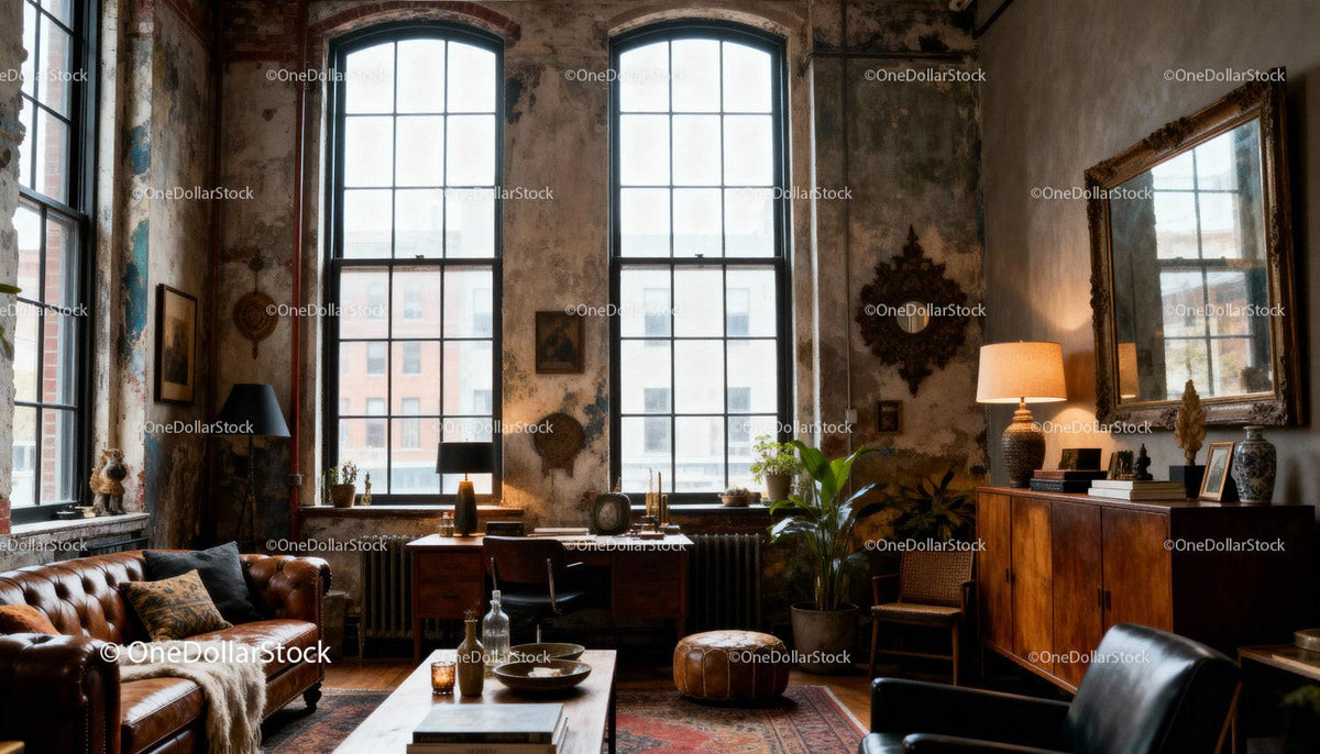 Cozy vintage living room with leather sofa and large windows