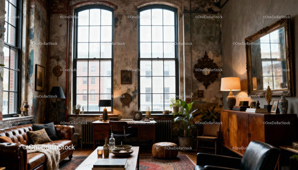 Przytulny vintage salon z skórzaną sofą i dużymi oknami