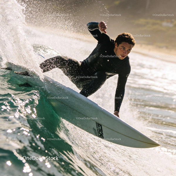 Focused surfer carving a wave at golden hour