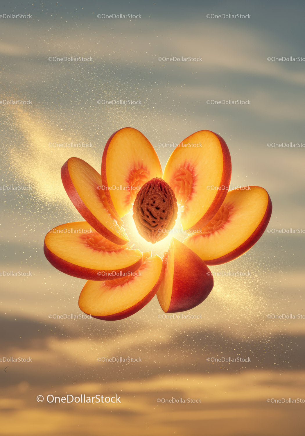 Floating peach slices with glowing pit at sunset