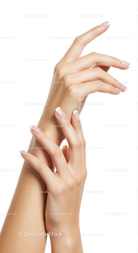 Elegant hands with classic French manicure on white
