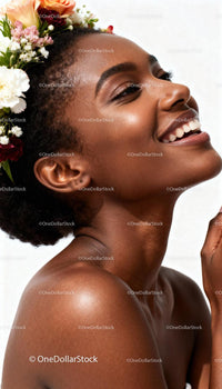 Joyful woman with floral crown and radiant skin