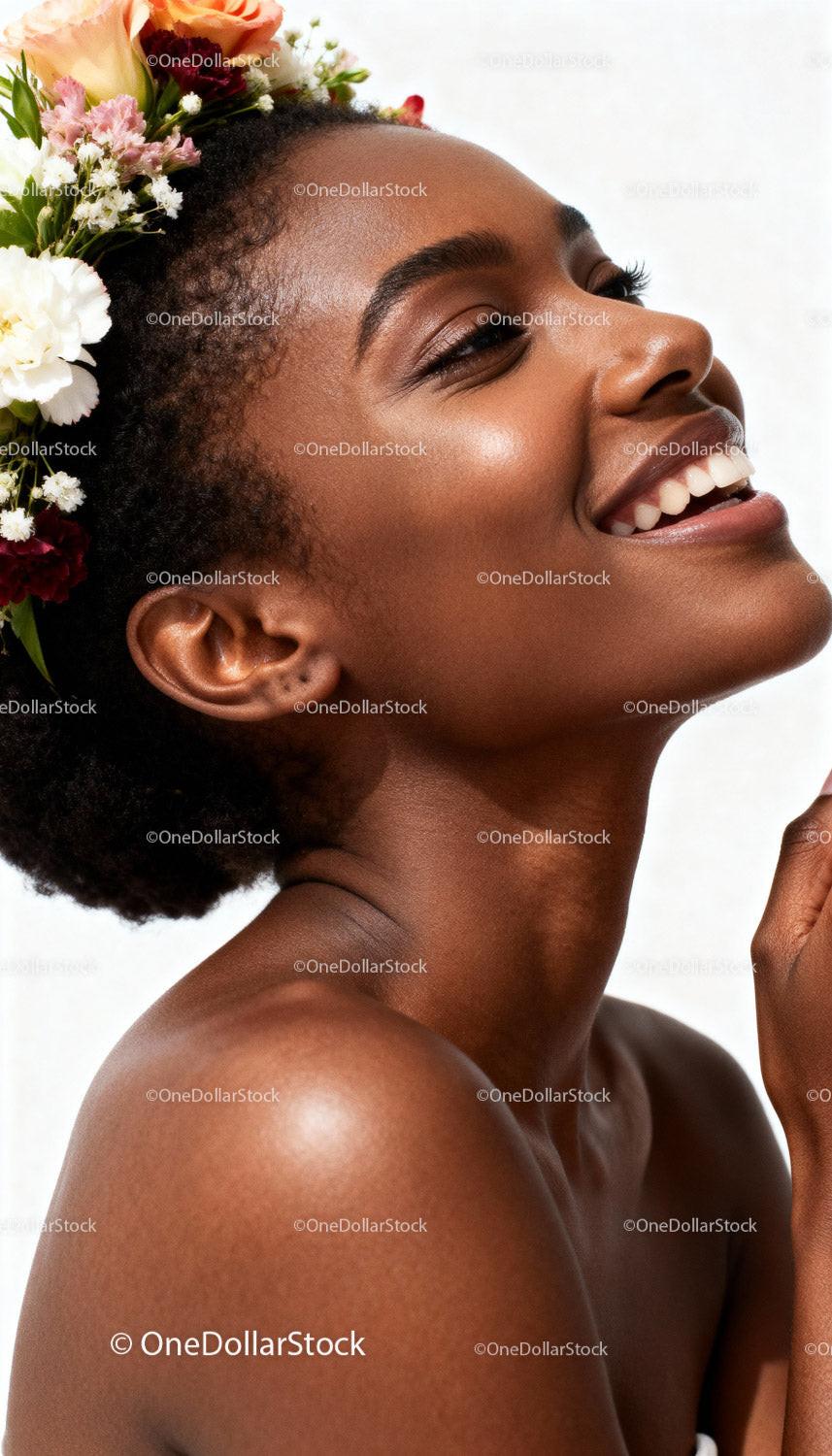 Joyful woman with floral crown and radiant skin
