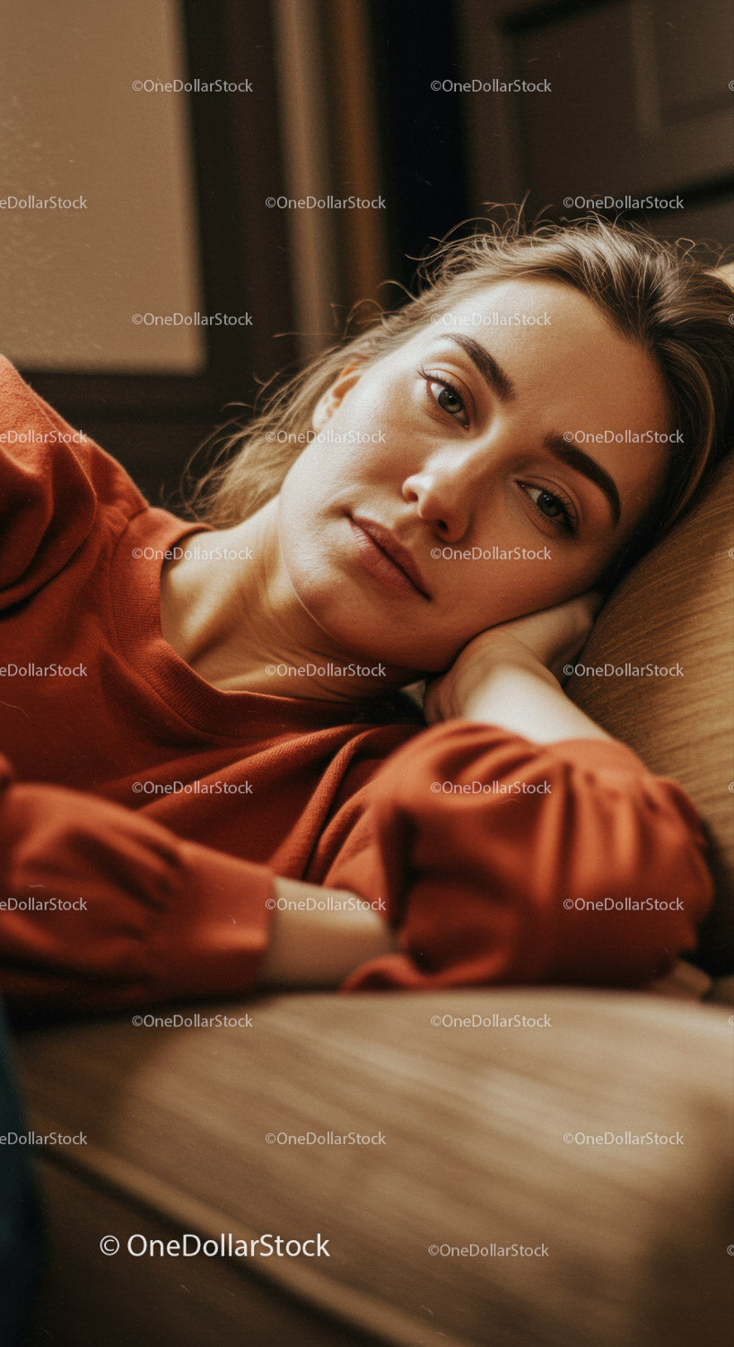 Young Woman Relaxing on Bed with Pillow in Cozy Indoor Setting