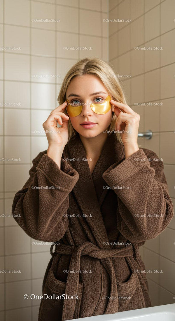 Young Woman Applying Eye Mask in Bathroom for Skincare Routine