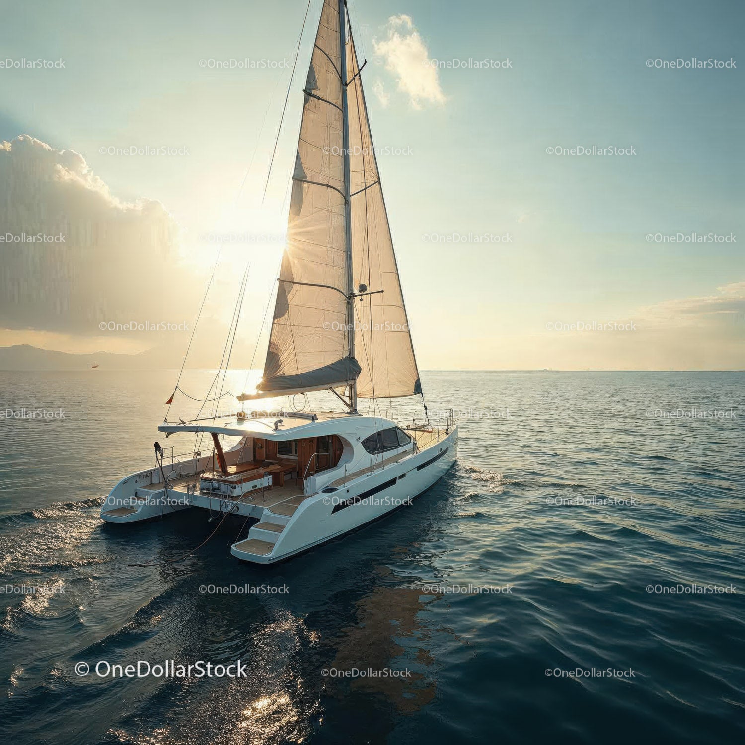 Luxury Sailing Yacht Sunset Scene with Beige Sails and White Hull