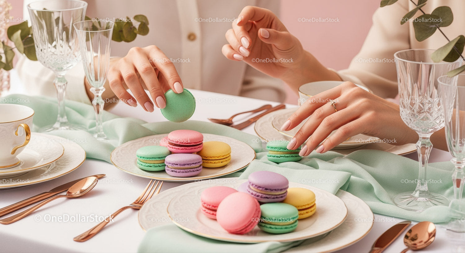 Elegant Table Setting with Colorful Macarons and Fine China for Celebration