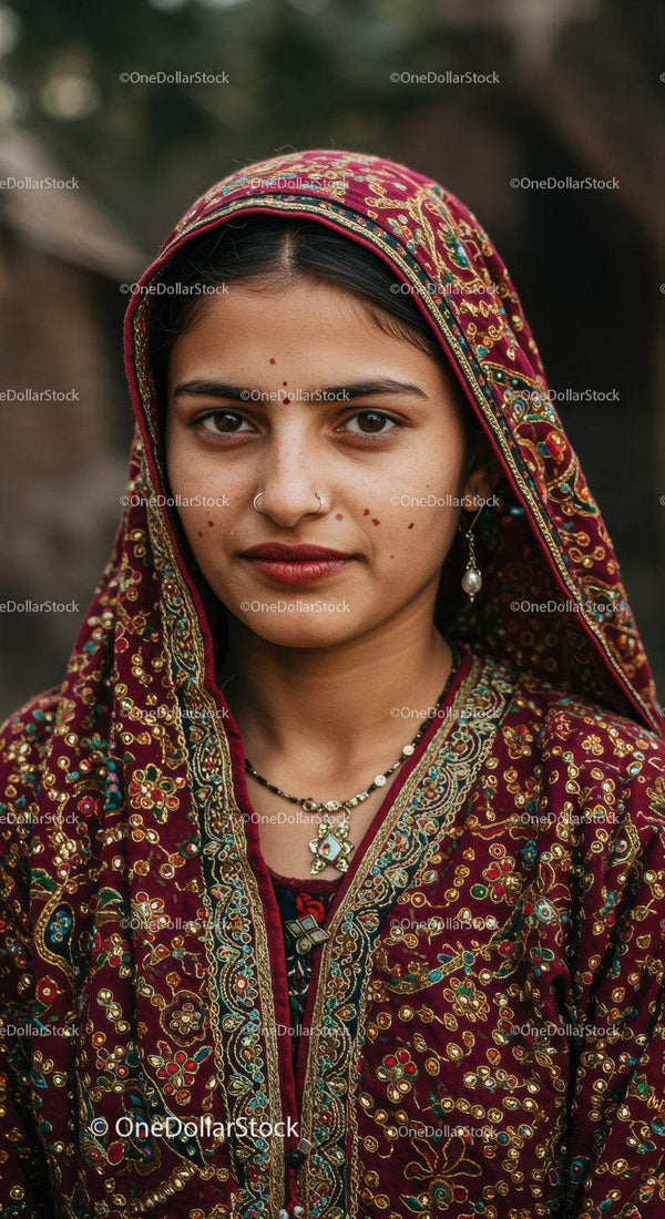 Indian Woman in Traditional Embroidered Clothing and Jewelry