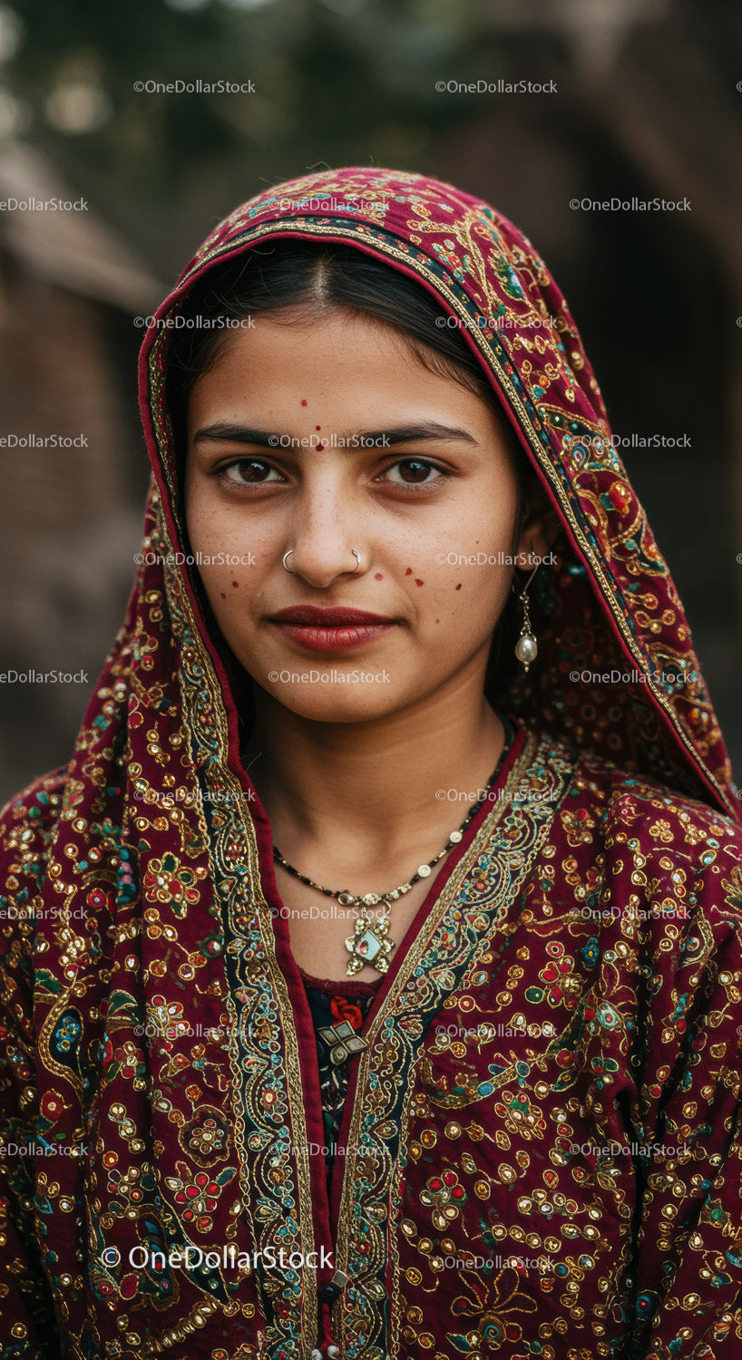 Indian Woman in Traditional Embroidered Clothing and Jewelry
