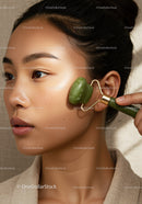 Asian Woman Using Jade Roller for Skin Rejuvenation and Glow