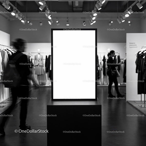 Minimalist fashion store with illuminated blank display JPG Mockup Image