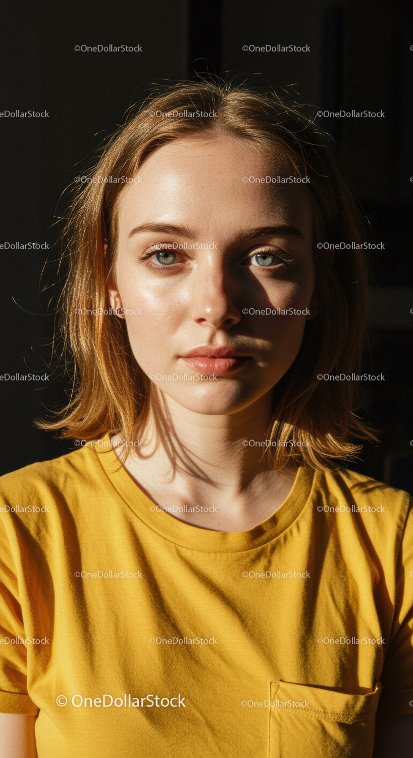 Jasny portret młodej kobiety o blond włosach i niebieskich oczach w świetle słonecznym