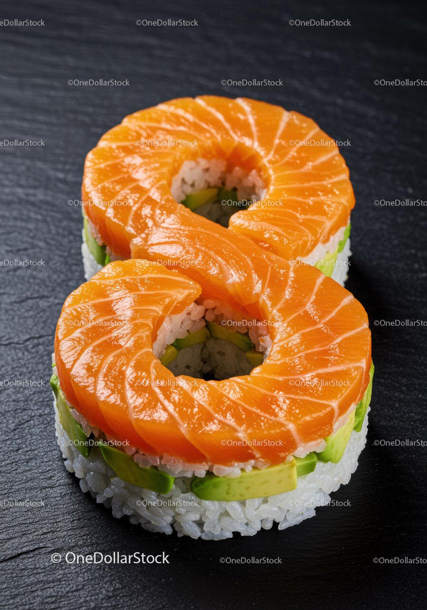 Creative sushi rolls shaped as number eight on slate