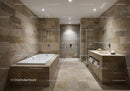Luxurious Modern Bathroom with Beige Stone Tiles and Walk-In Shower